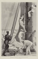 Der America Cup, an Bord der Columbia, das Club-Topsail hissen